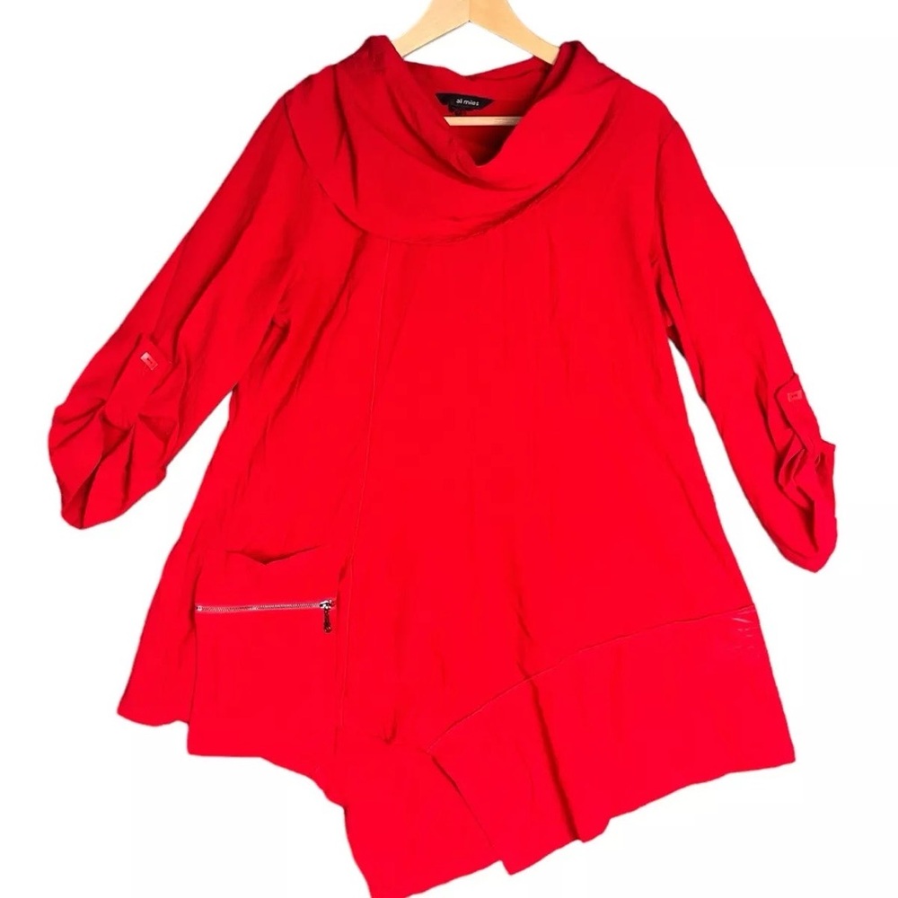 Ali Miles Blouse Red Cowl Neck Rolled Tab Asymmetric Hem Lagenlook Tunic Medium